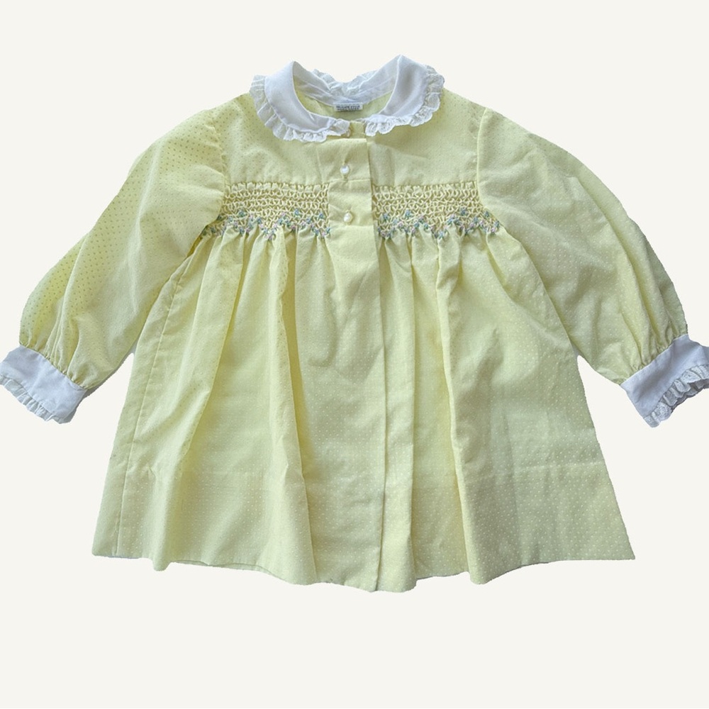 Vintage Polly Flinders Hand Smocked Yellow Dress w Overdress Polka Dot 4T RARE